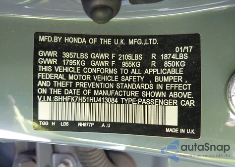 2017 Honda Civic Ex from USA, damaged, VIN SHHFK7H51HU413084